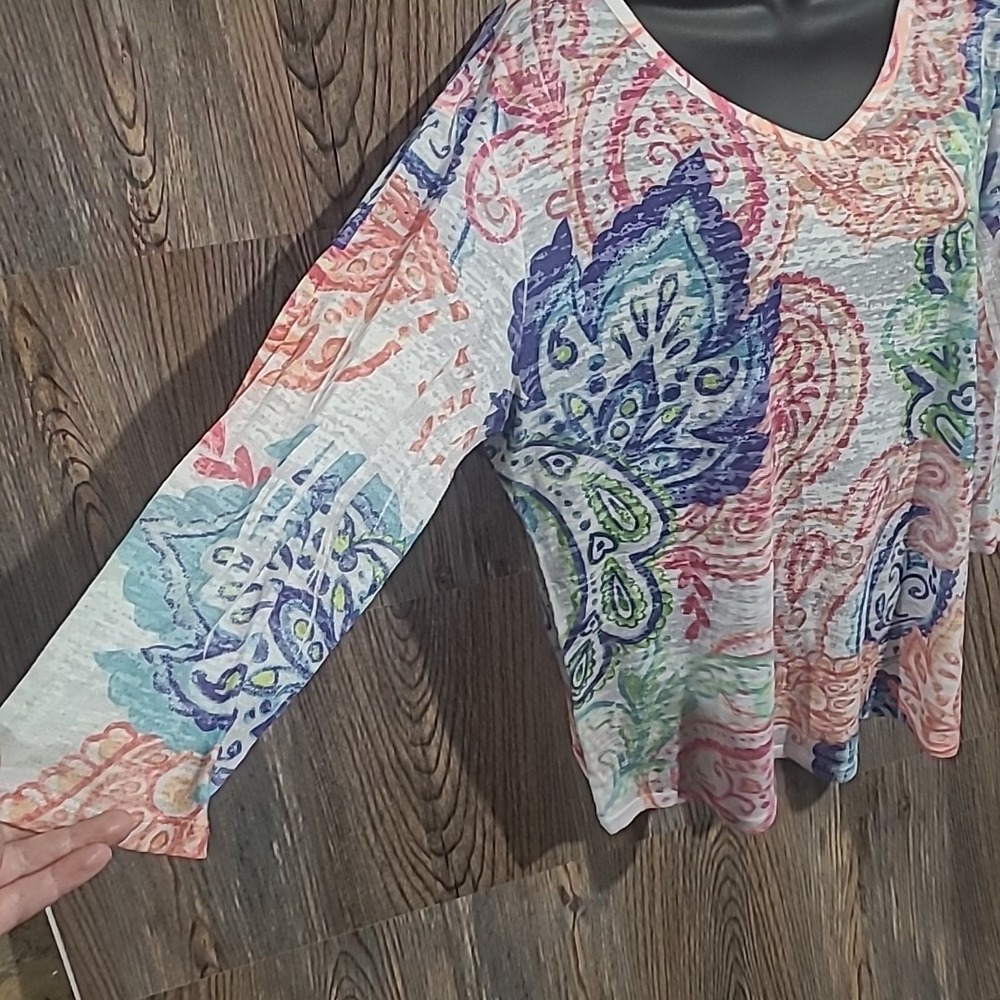 Jess & Jane Burnout 3/4 Sleeve Shirt Size L Multicolor Paisley Artsy Semi-Sheer - Picture 5 of 9